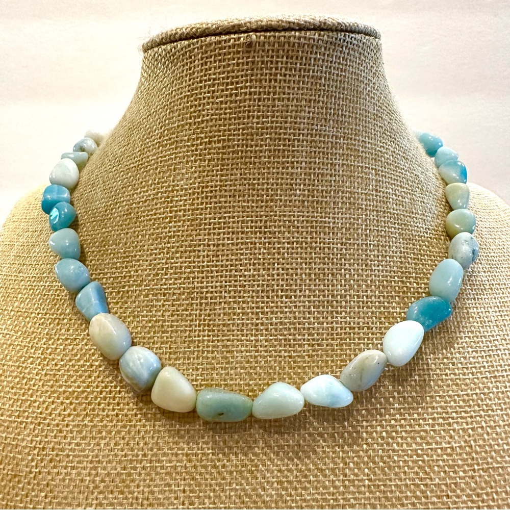 Larimar Genuine Stone Necklace, natural element strand. Silver tone
